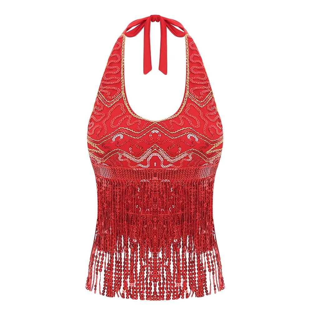 

Charming Shiny Belly Dance Bra Halter Neck Tassel Latin Dance Top Dance Wear Sleeveless Stage Performance Top Women красный