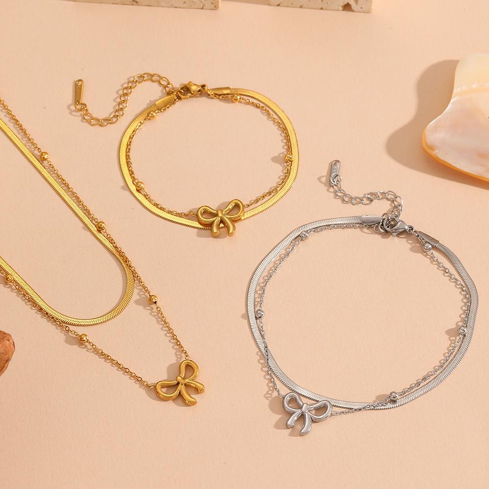 Cross Stainless Steel Double-Layer Bow Knot Anklet with Colorfast 18K Electroplated Bead Clasp