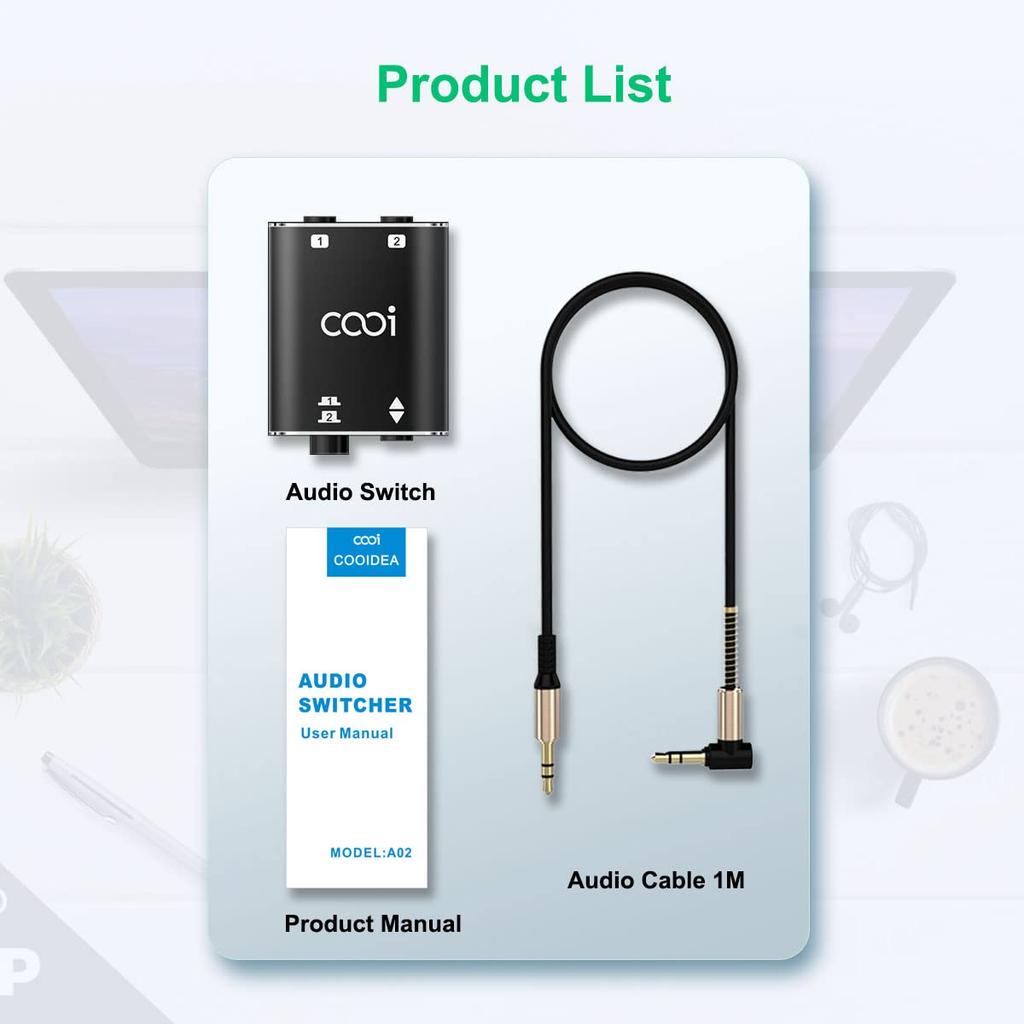 Stereo audio COOIDEA spolu s audio podporuje 1 vstup 2 výstupy nebo 2 vstupy 1 výstup a je přepínačem audio reproduktorů AUX pro mobilní telefony a 3,5mm přepínačem,