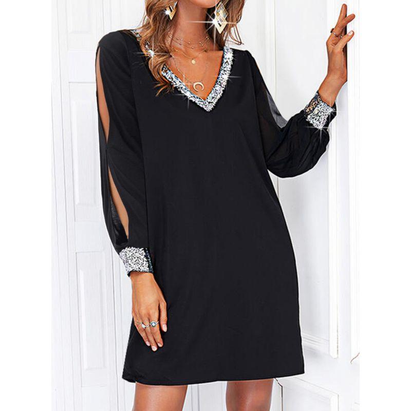 Plus size women clothing Fat Sister European Autumn New V-neck Sequins Patchwork Arm-Exposed Leisure Long sleeve dress S-5XL