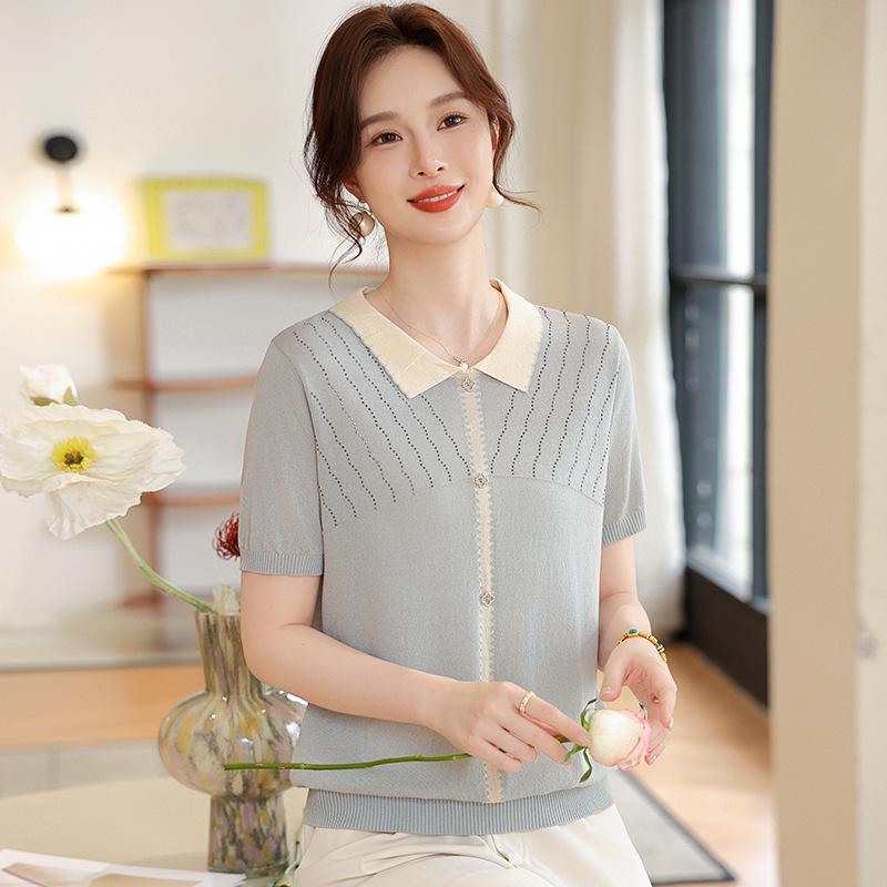 

Ice Silk Knit Short Sleeve T-Shirt - Summer 2026 New Loose Fit for Middle-Aged and Elderly Women L (80-100 lbs)