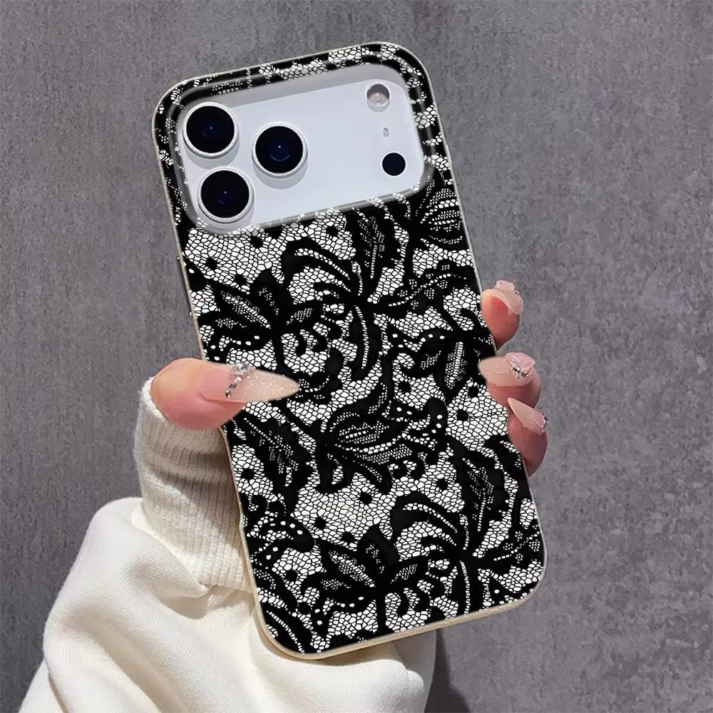 Black Lace Pattern Phone Case For iPhone 17 Pro Max 16 Plus 15 Pro 14 11 13 12 11 16E 17Air XR XS Lychee Textur Soft Cover