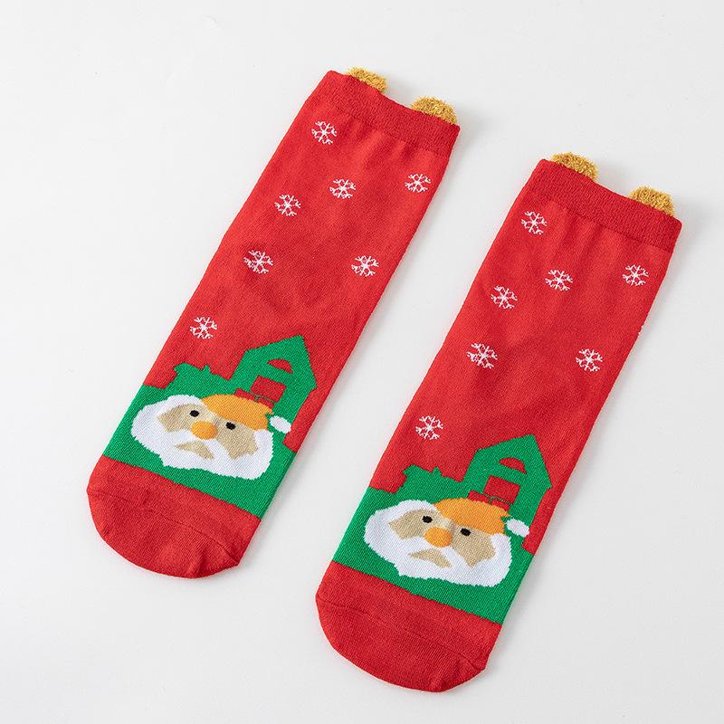Cute Elk Cartoon Socks with 3D Ears – Red, Cotton for Autumn & Winter, Japanese Style, Perfect for Christmas