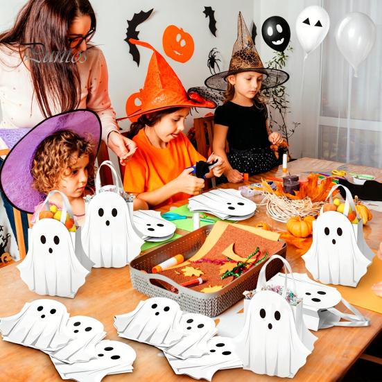 Paper Candy Bag Halloween Ghost Gift Bag, White Pouch with Cute Face, Trick or Party Favor Treat for Party, Kids Goodie Prizes