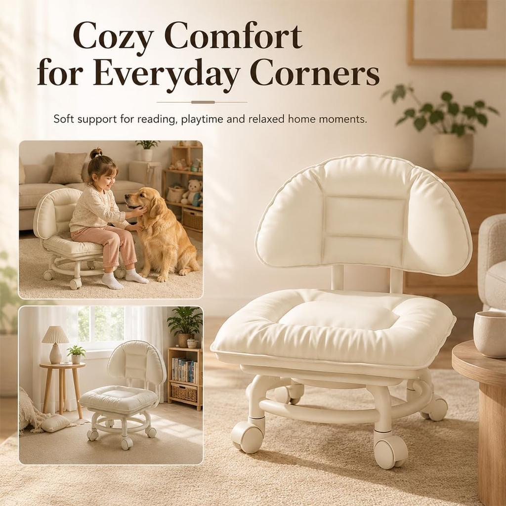 Rolling Low Stool with Backrest Padded Seat & Silent Casters Thick Foam Cushion Smooth Multidirectional Movement for Home Office Garage Shop Library