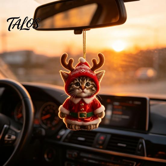 Cute Cat Christmas Decor Santa Ornament, Acrylic Car Mirror Hanging with Holiday Gift Packaging Embellishments Reindeer Antlers, 2D Bag Charm