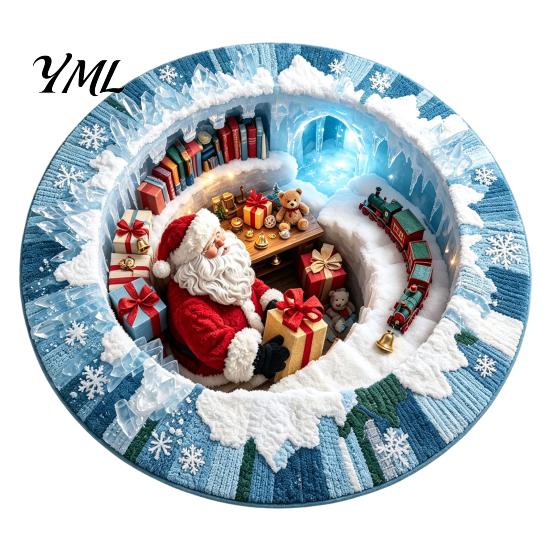 Soft Crystal Velvet Mat 3D Optical Illusion Round Christmas Rug, Cute Santa Claus Floor Mat, Holiday Area Carpet Vivid Printed Circular for