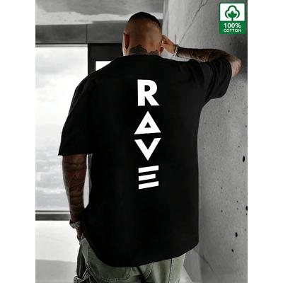 RAVE Vertical Letter Print Cool Men's Cotton Short-Sleeve T-Shirt,Breathable and Skin-Friendly,Crew Neck,Versatile and Slimming, Streetwear Style