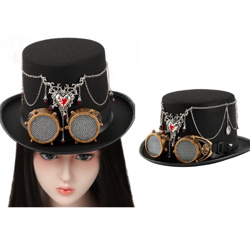 Gothic Top Hat With Heart Pendant And Detachable Adjustable Goggles For Halloween Costume Party Stage Performances