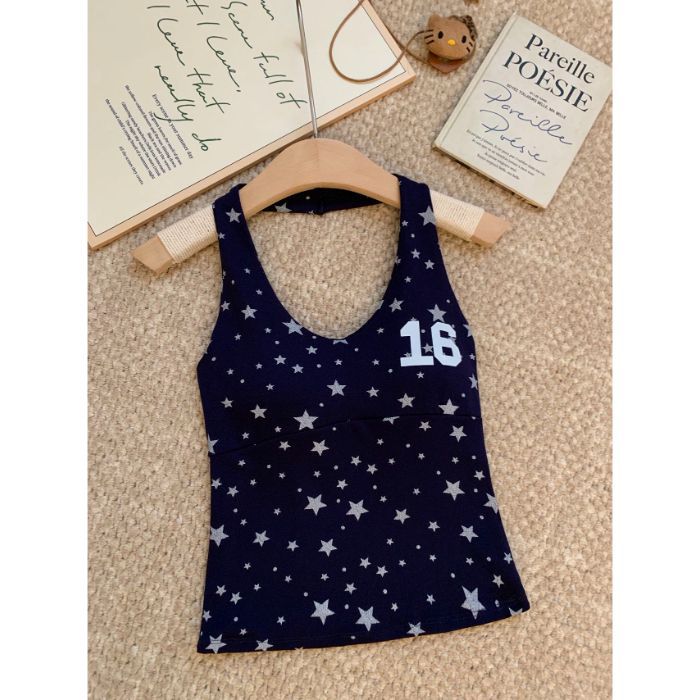 Summer New American Sweet and Spicy Style Star Printing Neck Vest Female Slim and Thin Temperament Versatile Top