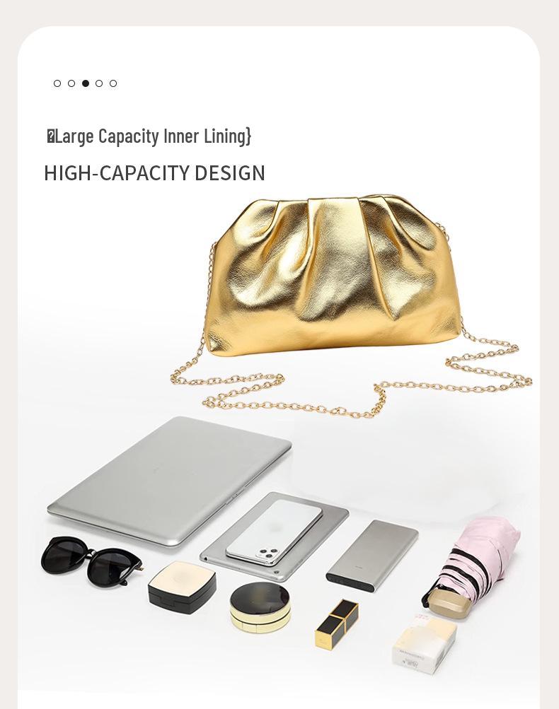 Metallic Pleated Dumpling Clutch - Luxurious Chain Bag for Parties