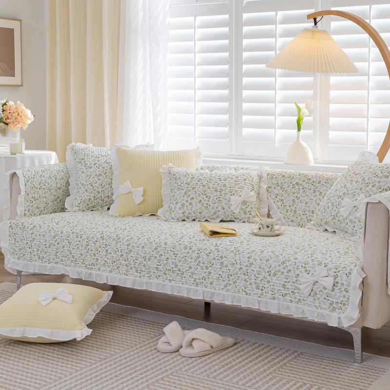 Universal Cotton Solid Color Sofa Cushion for All Seasons Korean Style Pastoral Fresh Ruffle Edge Non-slip Sofa Cushion Towel Full Cover