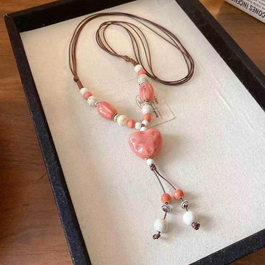 JMXD-Creative Retro Ethnic Style Hand-woven Long Sweater Chain Literary and Versatile Ceramic Love Necklace Accessories