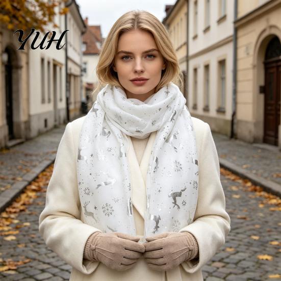 Elegant Hot Stamping Scarf Christmas Theme for Women, Glitter Sparkly Foil Reindeer Decorative Holiday Winter Wrap Print Scarves, Lightweight