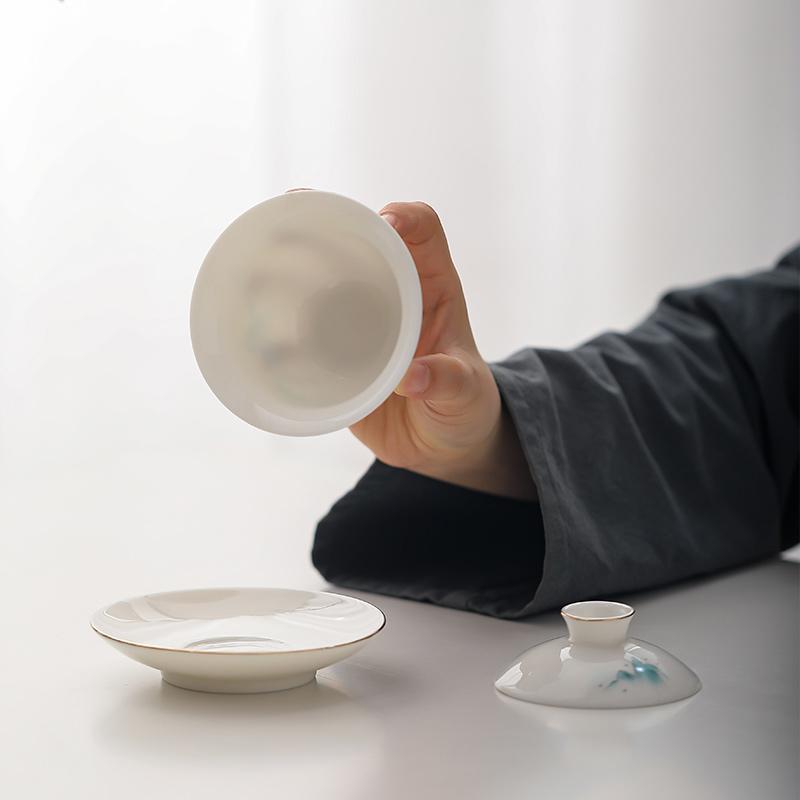 Chinese Suede Jade White Porcelain Tea Tureen Teacup Travel Portable Gaiwan Handmade Ceramic Tea Bowl Tea Set Accessories