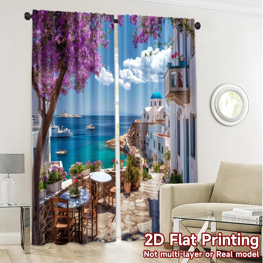 2pcs, 2D FLAT PRINTING Curtains (Without Rod) Santorini Bliss Print Modern Curtains Polyester Curtains Festive Suitable for