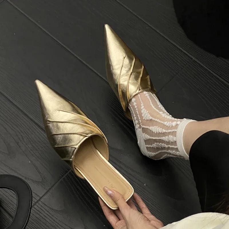 Fashion Elegant Women Slippers Pointed Toe Heels Mules Shoes Fashion Women's Sandals 2025 Summer Brand Flip Flops Luxury Mujer Zapatos