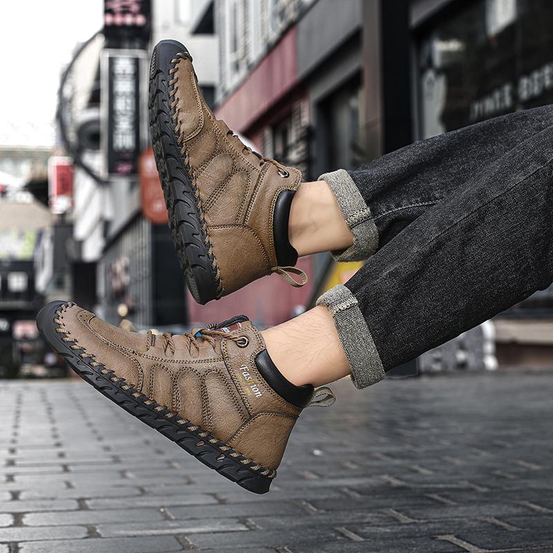 Hand-stitching Leather Men Boots Genuine Leather Casual Leather Shoes Men Ankle Boots