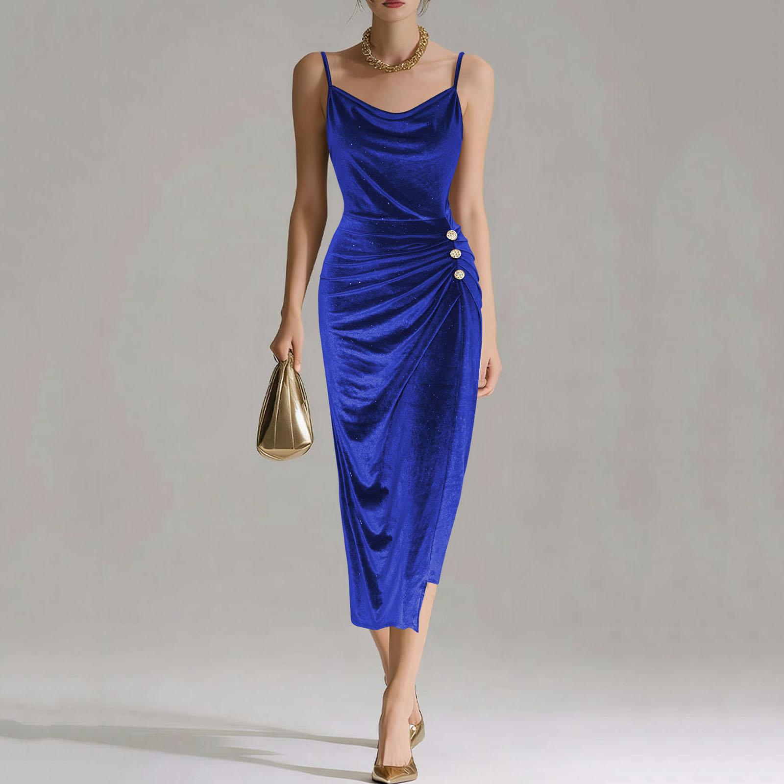 

Women s Slim Fit Velvet Slip Dress with Side Slit and Spaghetti Straps Elegant Midi Length Evening Dress with Button Detail S синий