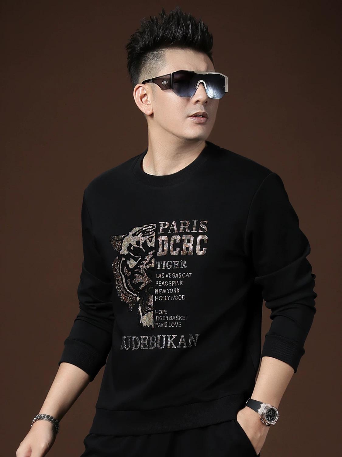 European Autumn New High-End Tiger Rhinestone Crew Neck Sweatshirt Trendy Fashion Men s Long-Sleeve Top L белый