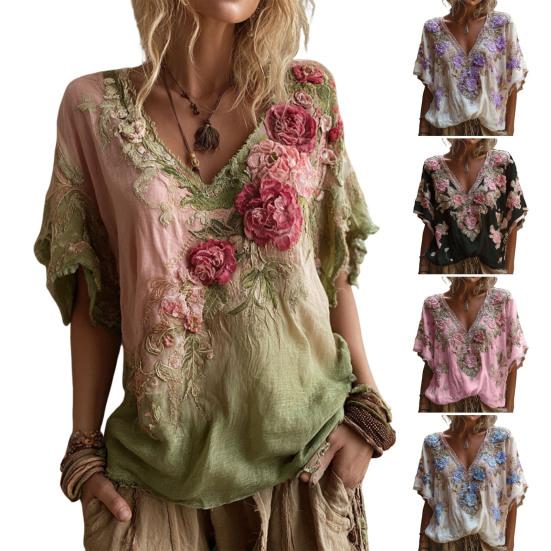 V-Neck Short Sleeve T-Shirt Imitation Flower Decor Pearl 3D Tee Tops Casual Date Vacation Beachwear