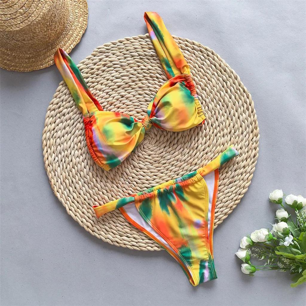 Tie Dye Flowers Printed High Leg Cut Bikini Female Swimsuit Women Swimwear Two-pieces Bikini set Bather Bathing Suit Swim