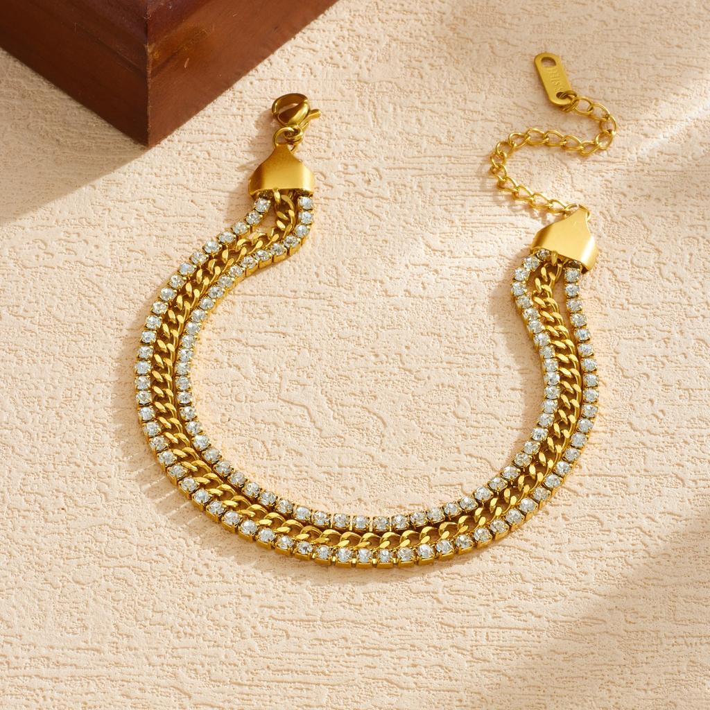 DIEYURO 316L Stainless Steel Golden Three Layers Bracelet Shiny Cubic Zirconia Stackable New Waterproof Jewelry Gift For Women