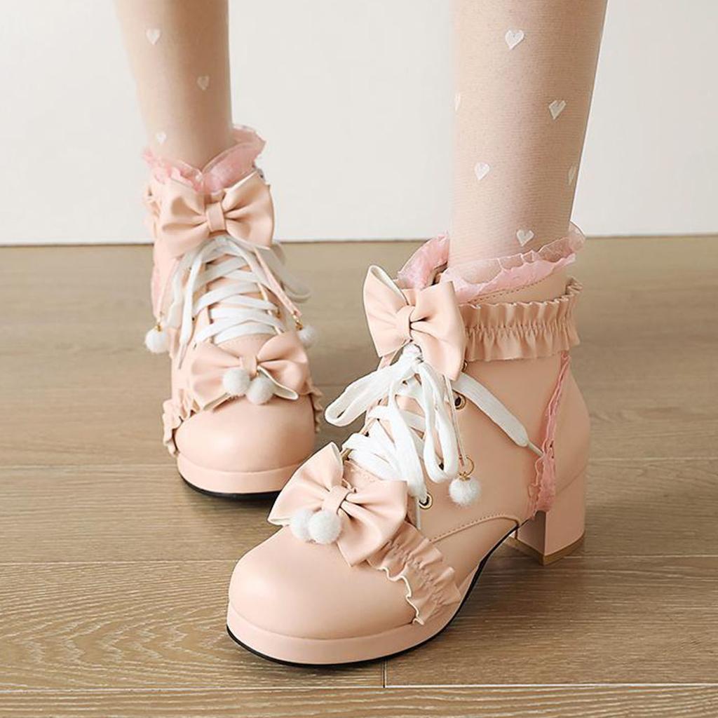 Stivaletti Corti da Donna Carini alla Moda Divertenti Lacci Nodo Punta Tonda Stivali da Schiava per Esterno Donna Zip Tacco Spesso e Suola Scarpe con Lacci