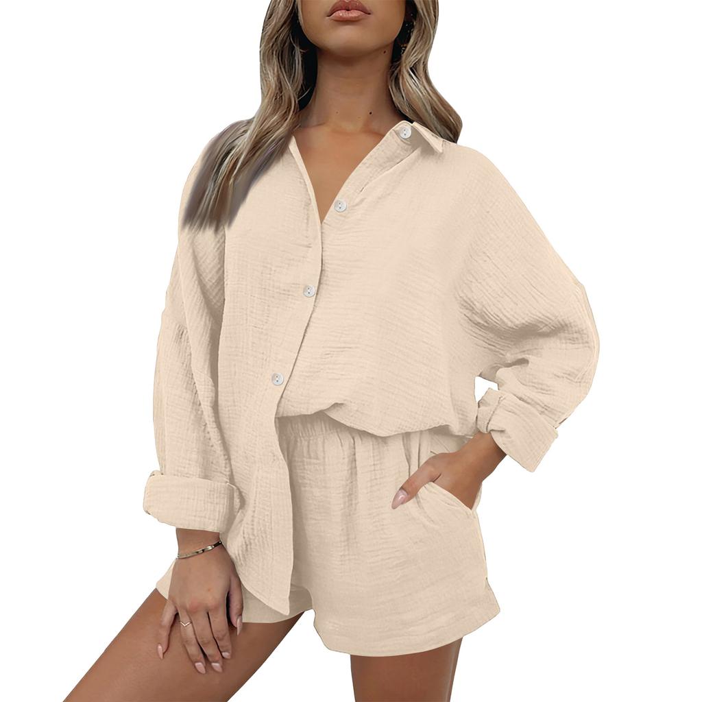 Women's Casual Color Long Sleeved Shorts Set, Crepe Home Set