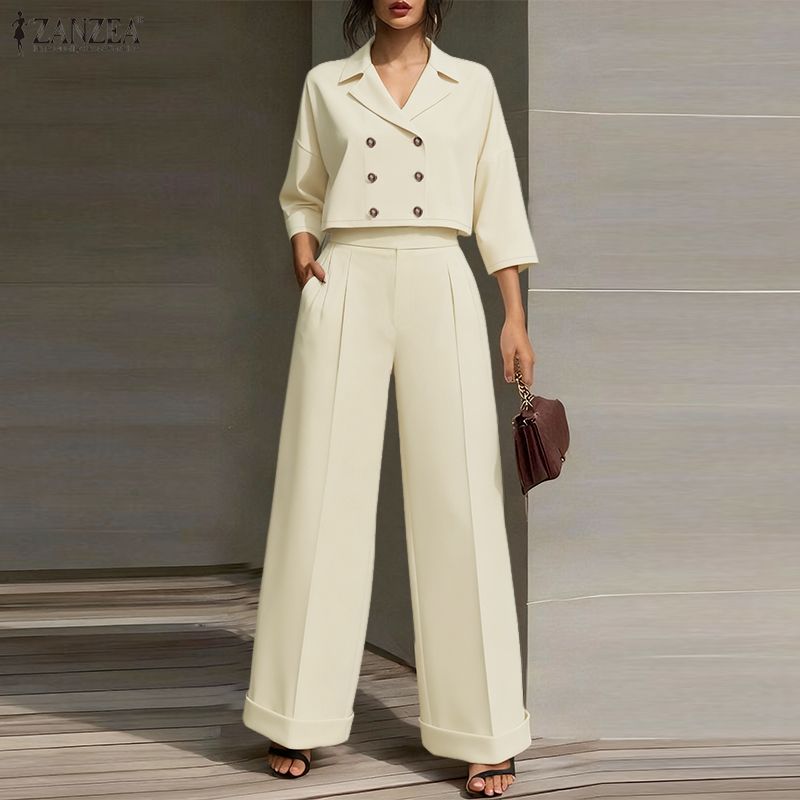 ZANZEA Womens 3/4 Sleeve Blouse and Pants Casual Two Piece Suit Sets