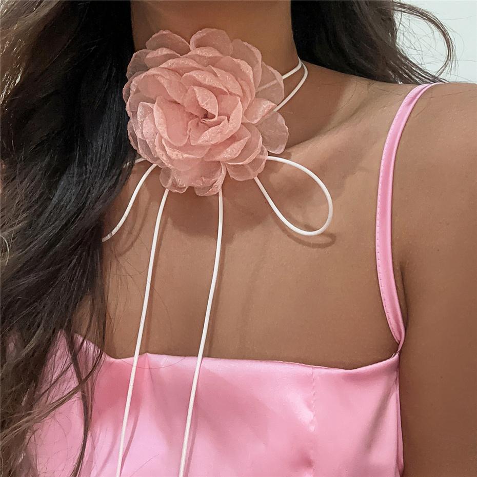 Ingemark Overdreven Stor Rose Blomst Choker Halskjede for Kvinner Wed Brude Goth Kpop Justerbar Sløyfeknute Kjede Y2K Tilbehør Nytt