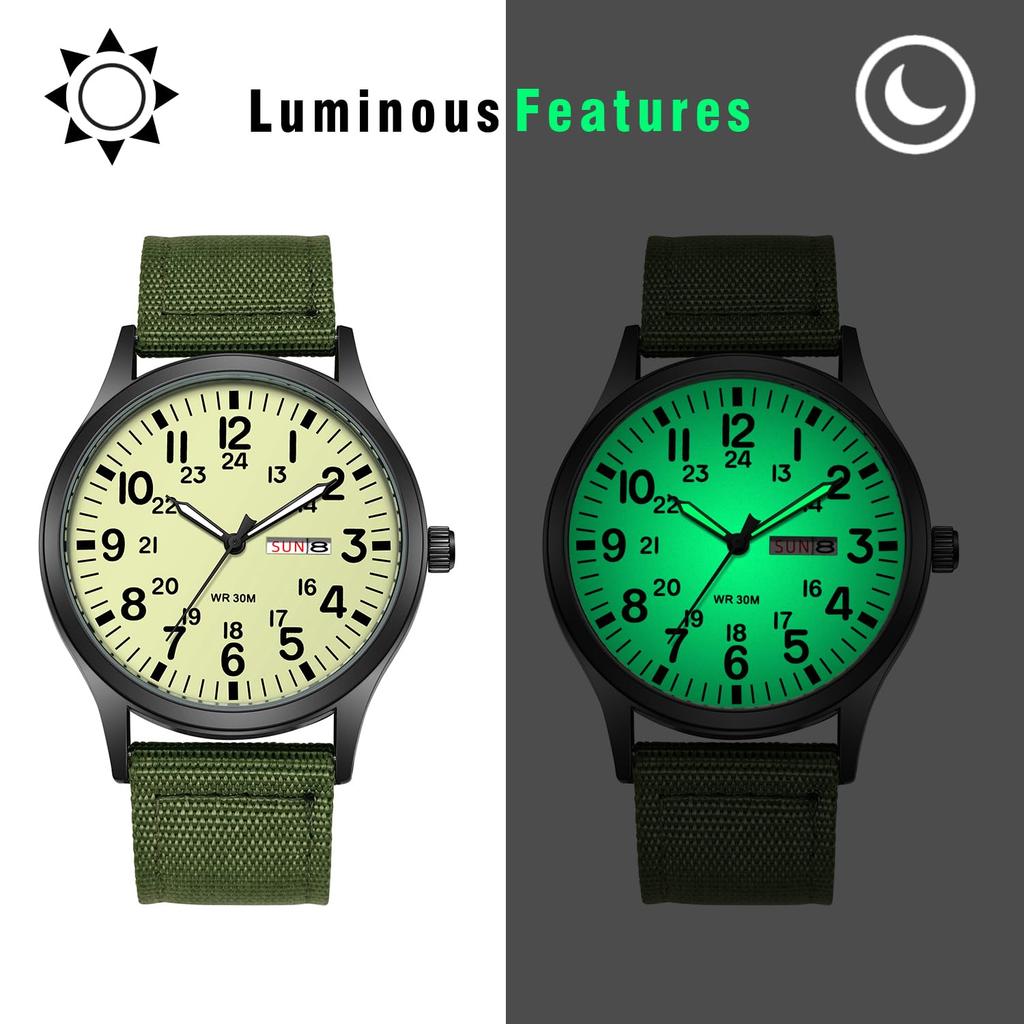 Men's Military Watch with Nylon Strap, Waterproof, Luminous Analog Display, Calendar, Upgraded Edition, Simple and Stylish Sports Watch, 1224 Quartz