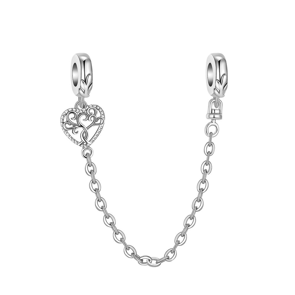 925 Silver Safety Chain Charm Bracelet Set Clover Lock Key Bear Peace Dove Fruit Decoration Beaded Fine Jewelry Gift