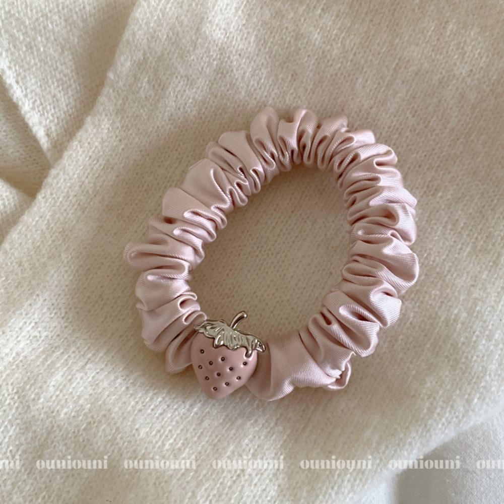 Cute Strawberry Mousse Powder Hair Tie Small Intestine Satin Pleated Hair Band High Elastic Comfortable Hair Accessories Woman