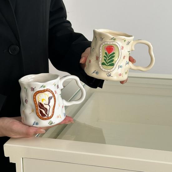 Ceramic Coffee Mug with Ergonomic Handle Irregular Floral Pattern Mug Dishwasher Safe Novelty Cup for Coffee Tea Milk