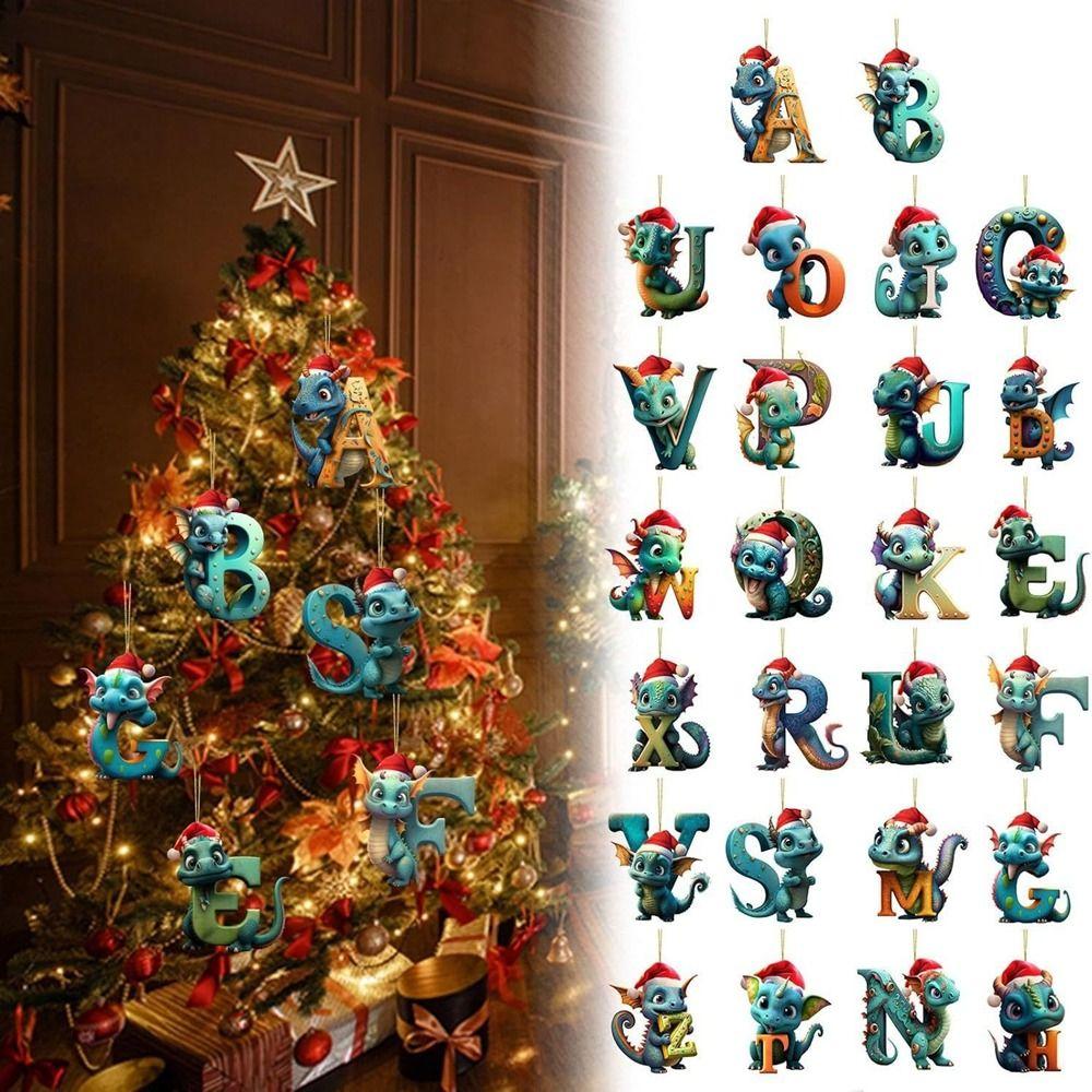 Acrylic 26 Letters Christmas Dragon Pendants Printed Pattern Christmas Tree Pendants  New Year