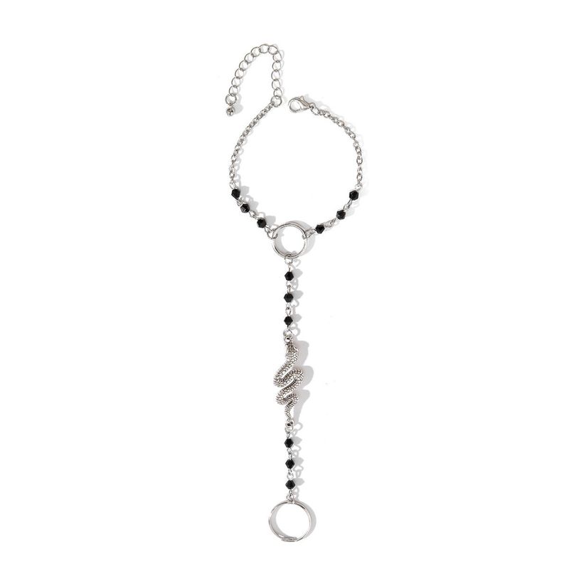 Men s Snake-Shaped Black Crystal Mitten-Type Bracelet Fashion Retro Fashion and Personalized Special-Interest Design Hand Jewelry Hipster Silver