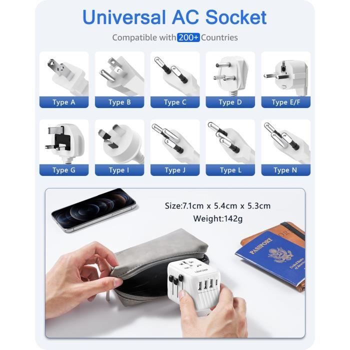 Adaptateur de Voyage,Prise Universelle Internationale avec 3 USB-A et 1 USB-C PD,Adaptateur Mondial Voyage France vers USA,Blanc