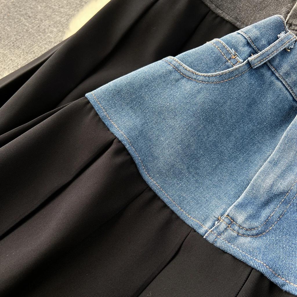 Denim Skirt Women's Design Contrast Color Patchwork Heavy Industry Pleat Long Pleated Skirt High Waist Slimming A- line Skirt