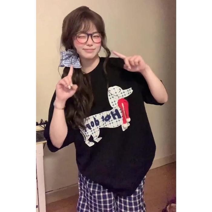 

Женская футболка 2025 в стиле ретро, пэчворк в клетку, свободного кроя, с коротким рукавом из чистого хлопка Large чёрный