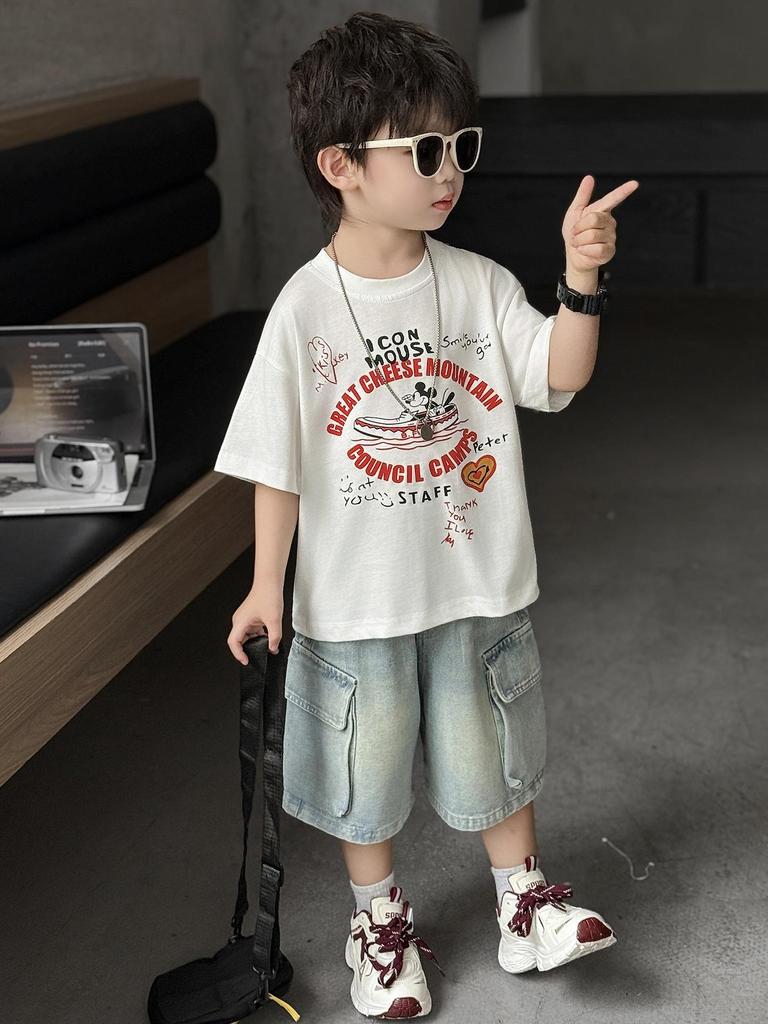 Boys' Cartoon Mouse Bamboo Cotton T-Shirt - Japanese Trend, Summer 2026 Style, Kids' Half Sleeve