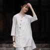 Johnature Damskie koszule w stylu chińskim topy O-Neck bluzki z siedmioma rękawami jesień jednokolorowy guzik w stylu vintage lniana koszula