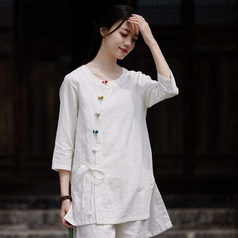 Johnature Frauen Chinesischen Stil Shirts Tops Oansatz Sieben Hülse Blusen Herbst Einfarbig Taste Vintage Leinen Hemd