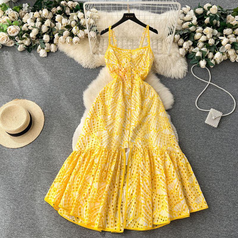 

Seaside Vacation Style Printing Slip Dress Women s Summer Cut Out Split Stylish Niche Style Chic Fairy Long Dress Yellow XL