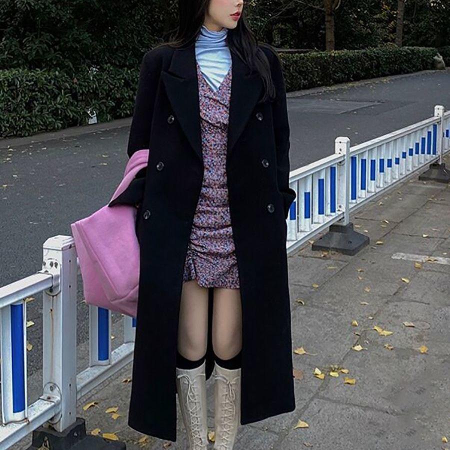 Women s Mid-Length Black Wool Coat, Petite High-End Hepburn Style, 2025 Korean Winter Collection XS 90-100