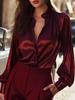 Women's Elegant Wine Red Lapel Long Sleeve Shirt