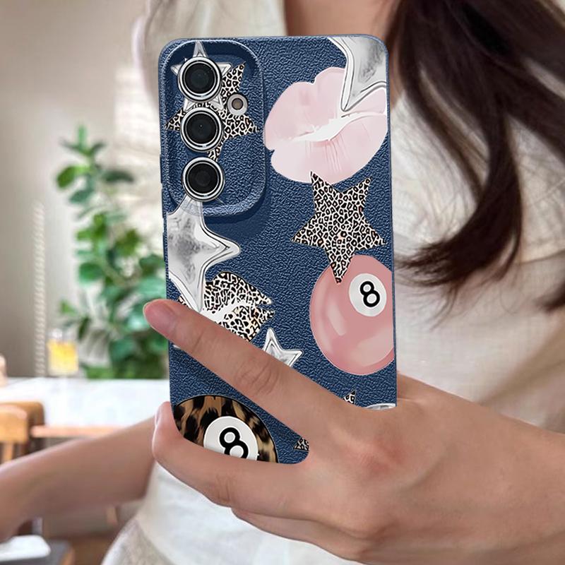 Vintage Leopard Print Stars Billiards Case For Samsung Galaxy S25 Edge S24 Ultra S23 S22 Plus S21 FE S26 Ultra Leather Texture Silicone Cover
