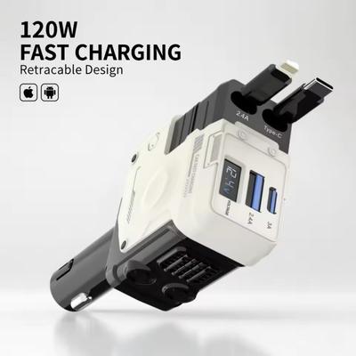 120W PD Car Charger with Retractable 4-in-1 Cable, Quick Charge for iPhone Samsung Huawei, Charge Adapter