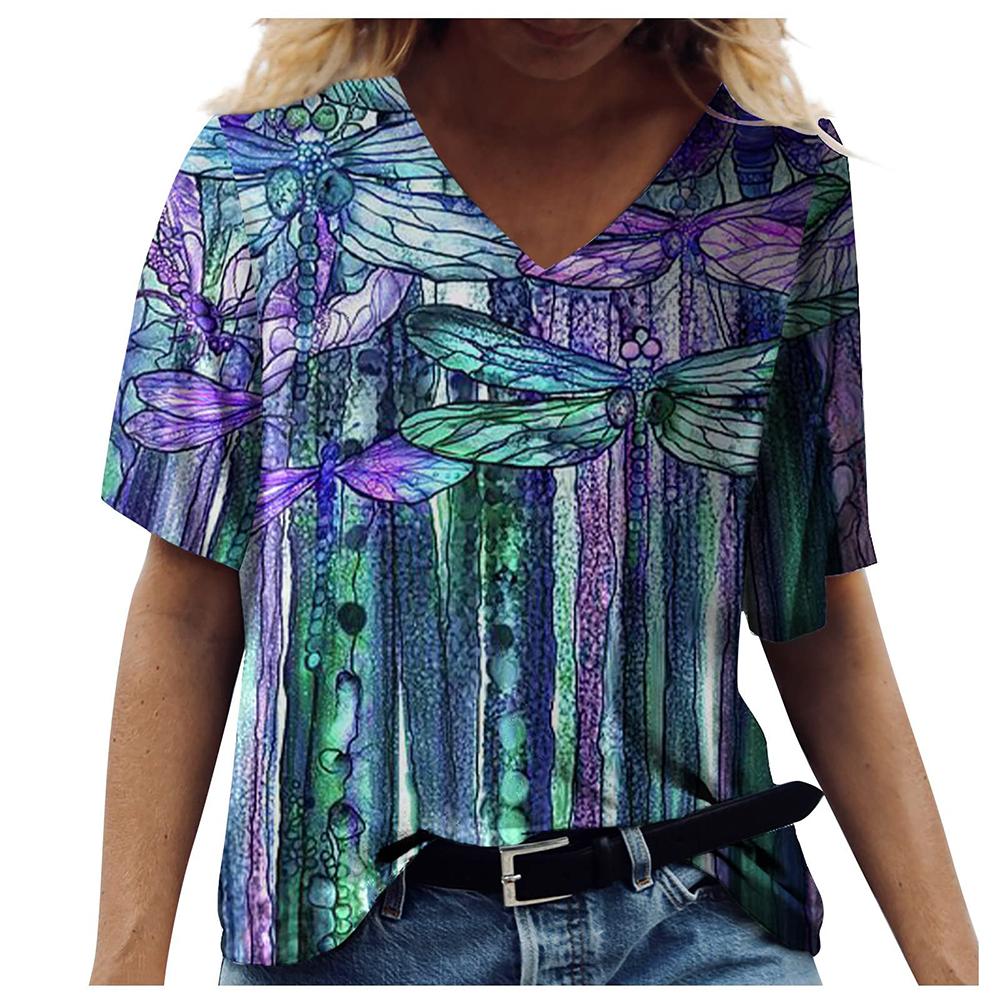 Ny fransk dame V-hals Kontrast Fritid V-krage T-skjorte med blomstertrykk 2023 Vår Sommer Slim Fit Kortermet T-skjorte for kvinner