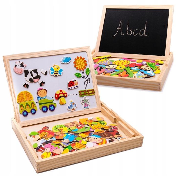 Tablica Magnetyczna Kredowa Drewniana Puzzle Układanka Magnesy 150+ El.